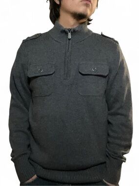 Apt. 9 Men's Gray 1/4 Zip Mock Neck Sweater with Chest‎ Pockets and Epaulettes
